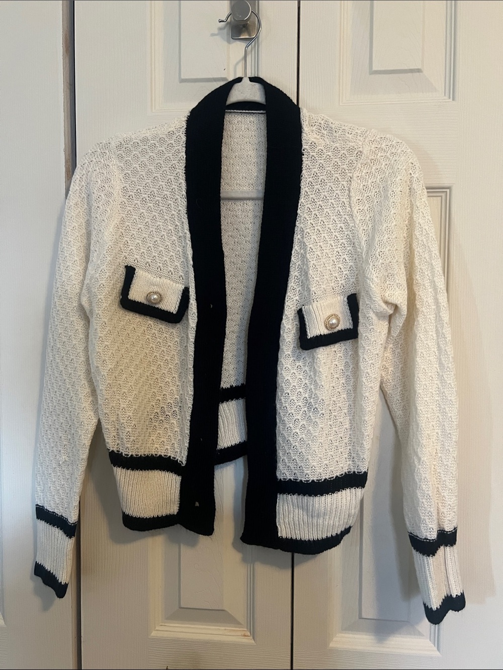 Elegant White Knit Cardigan with Black Trim